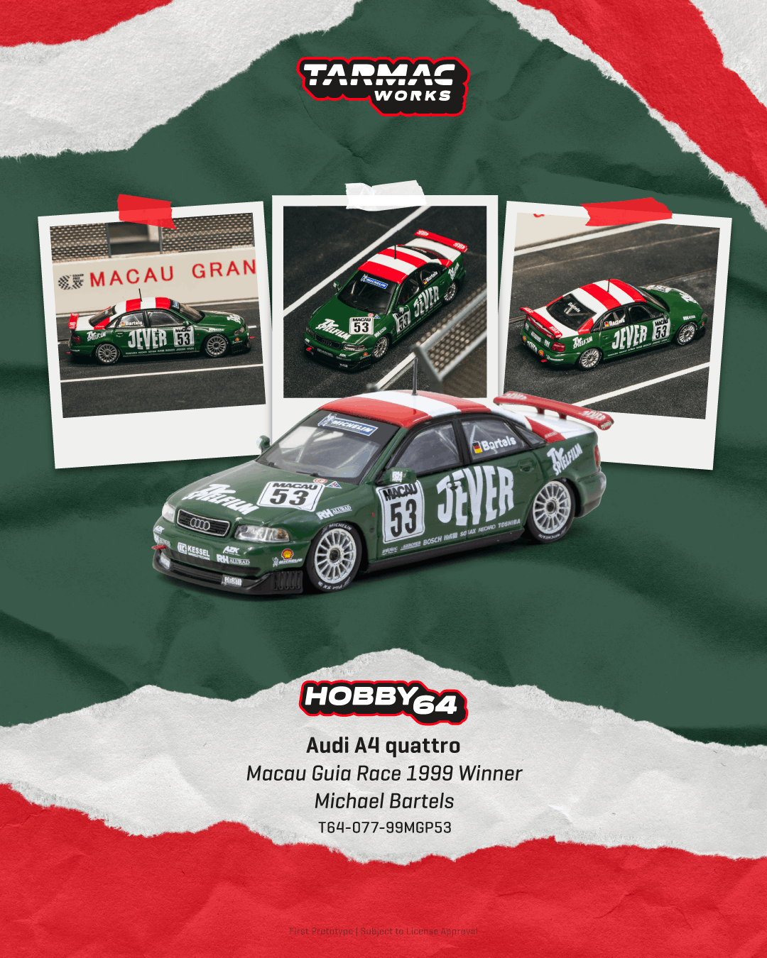 PRE-ORDER Tarmac Works 1:64 Audi A4 quattro, Macau Guia Race 1999 Winner, Michael Bartels