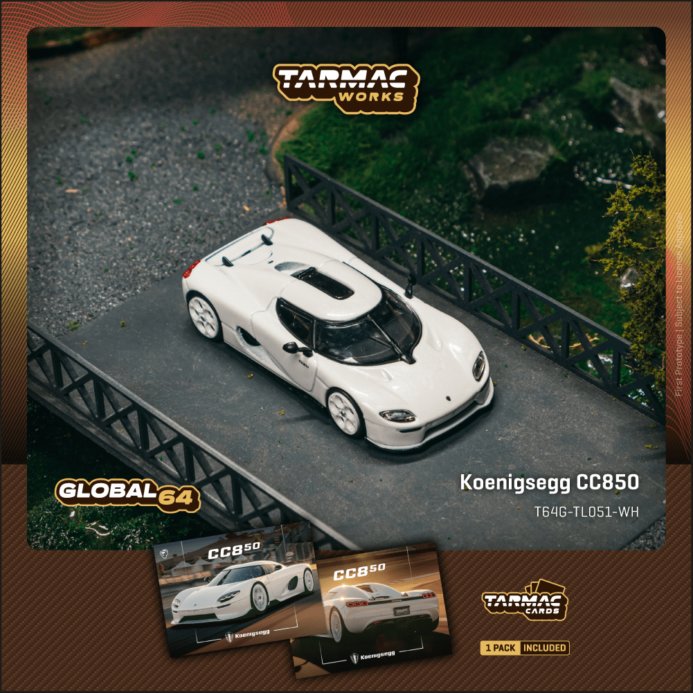 PRE-ORDER Tarmac Works 1:64 Koenigsegg CC850 White + Trading Cards Combo Set