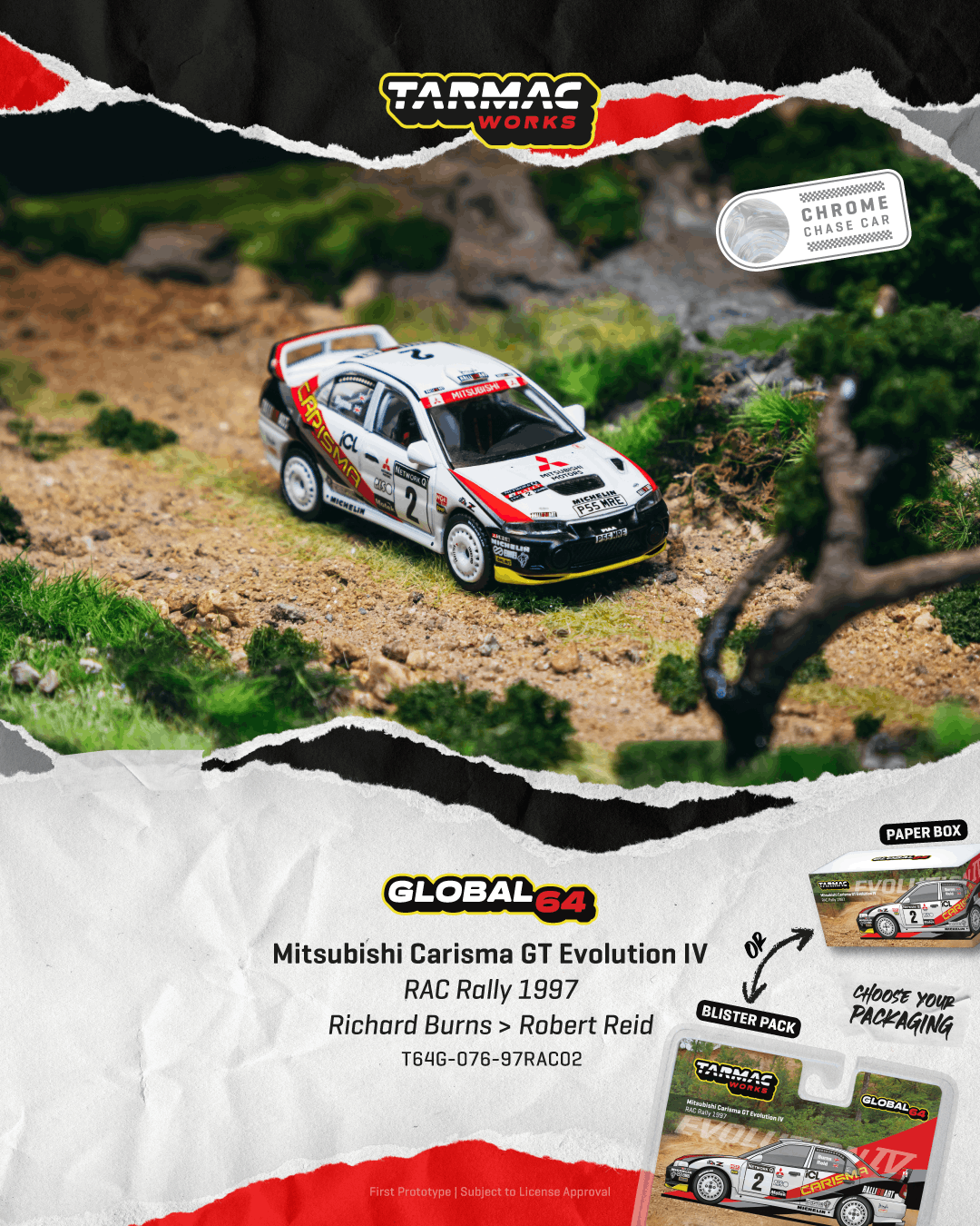 PRE-ORDER Tarmac Works 1:64 Mitsubishi Carisma GT Evolution IV, RAC Rally 1997, Richard Burns / Robert Reid