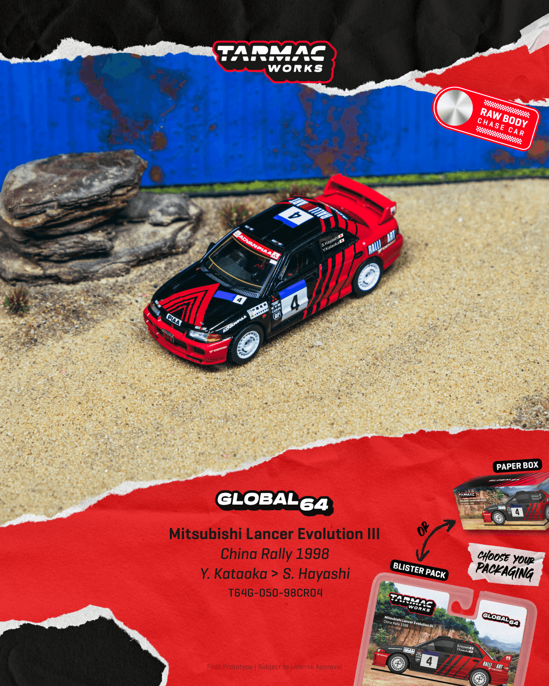 PRE-ORDER Tarmac Works 1:64 Mitsubishi Lancer Evolution III, China Rally 1998, Yoshihiro Kataoka / Satoshi Hayashi