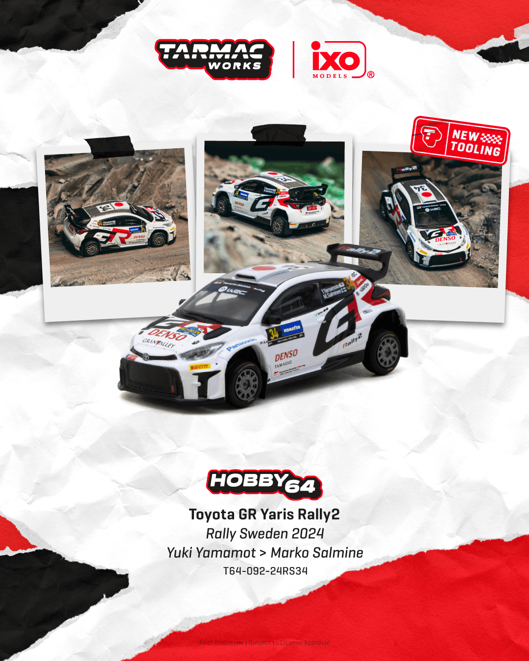 PRE-ORDER Tarmac Works 1:64 Toyota GR Yaris Rally2, Rally Sweden 2024, Yuki Yamamoto / Marko Salminen