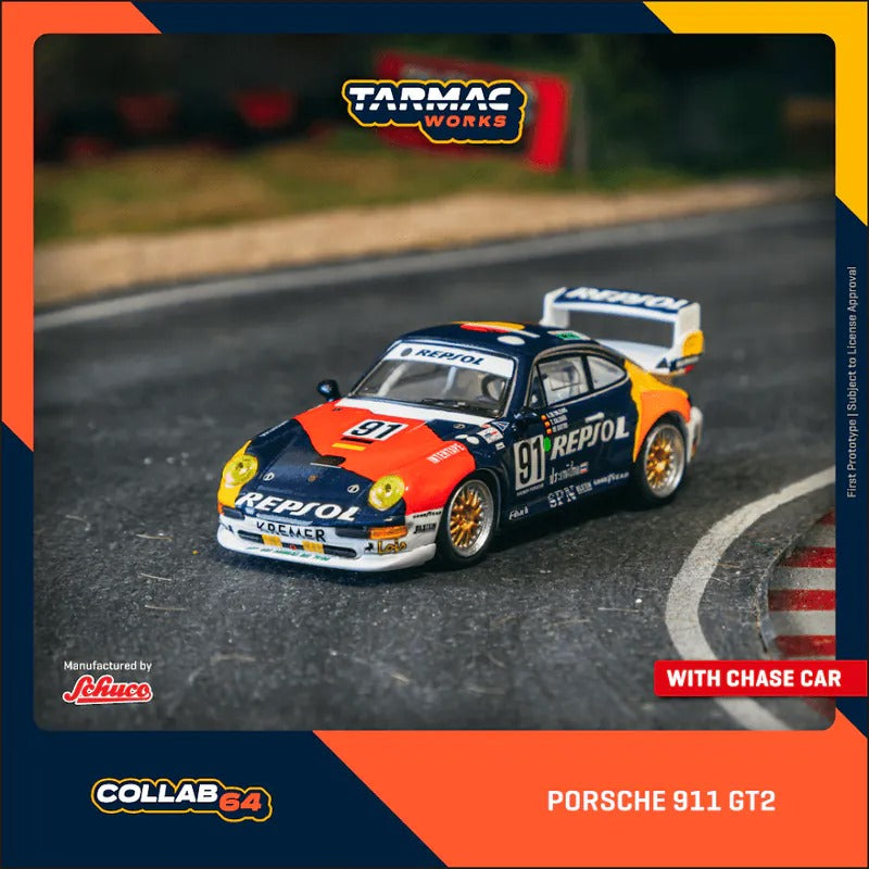 PRE-ORDER Tarmac Works x Schuco 1:64 Porsche 911 GT2 REPSOL