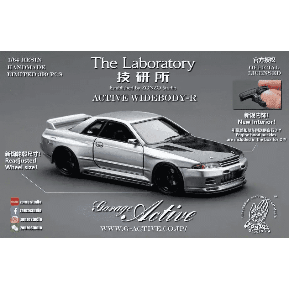 PRE ORDER The Laboratory 1:64 Garage Active Widebody R32 Titanium Silver Carbon Hood