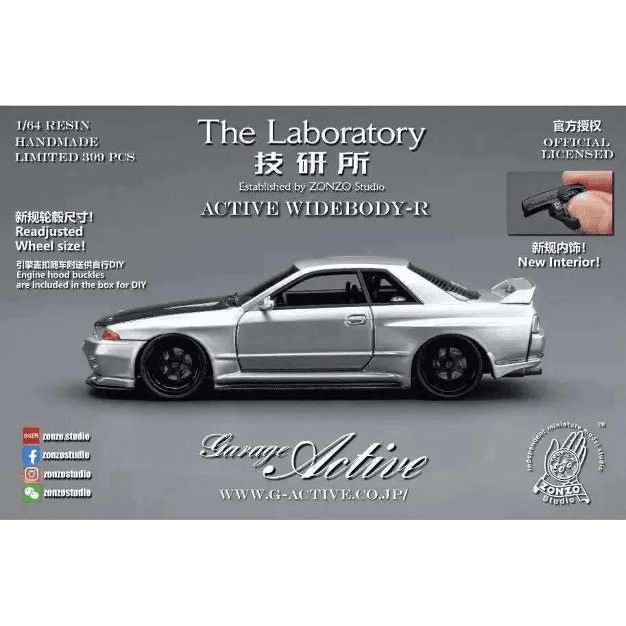 PRE ORDER The Laboratory 1:64 Garage Active Widebody R32 Titanium Silver Carbon Hood