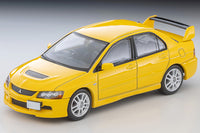 Thumbnail for Tomica LV-N376a Mitsubishi Lancer Evolution IX GSR yellow 1:64 die-cast model – front three-quarter view