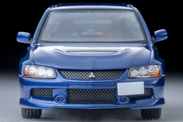 Tomica LV-N376b Lancer Evo IX GSR blue die-cast – front three-quarter angle view at 1:64 scale