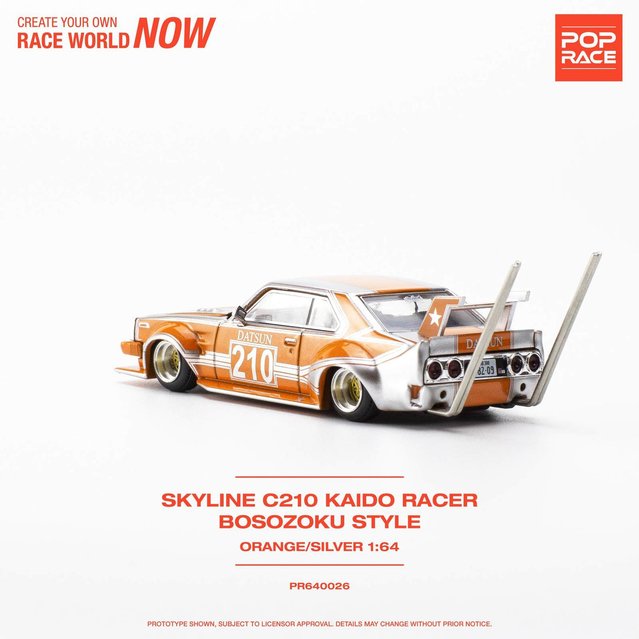 Pop Race 1:64 Skyline C210 Kaido Racer BOSOZOKU Style Orange SIlver