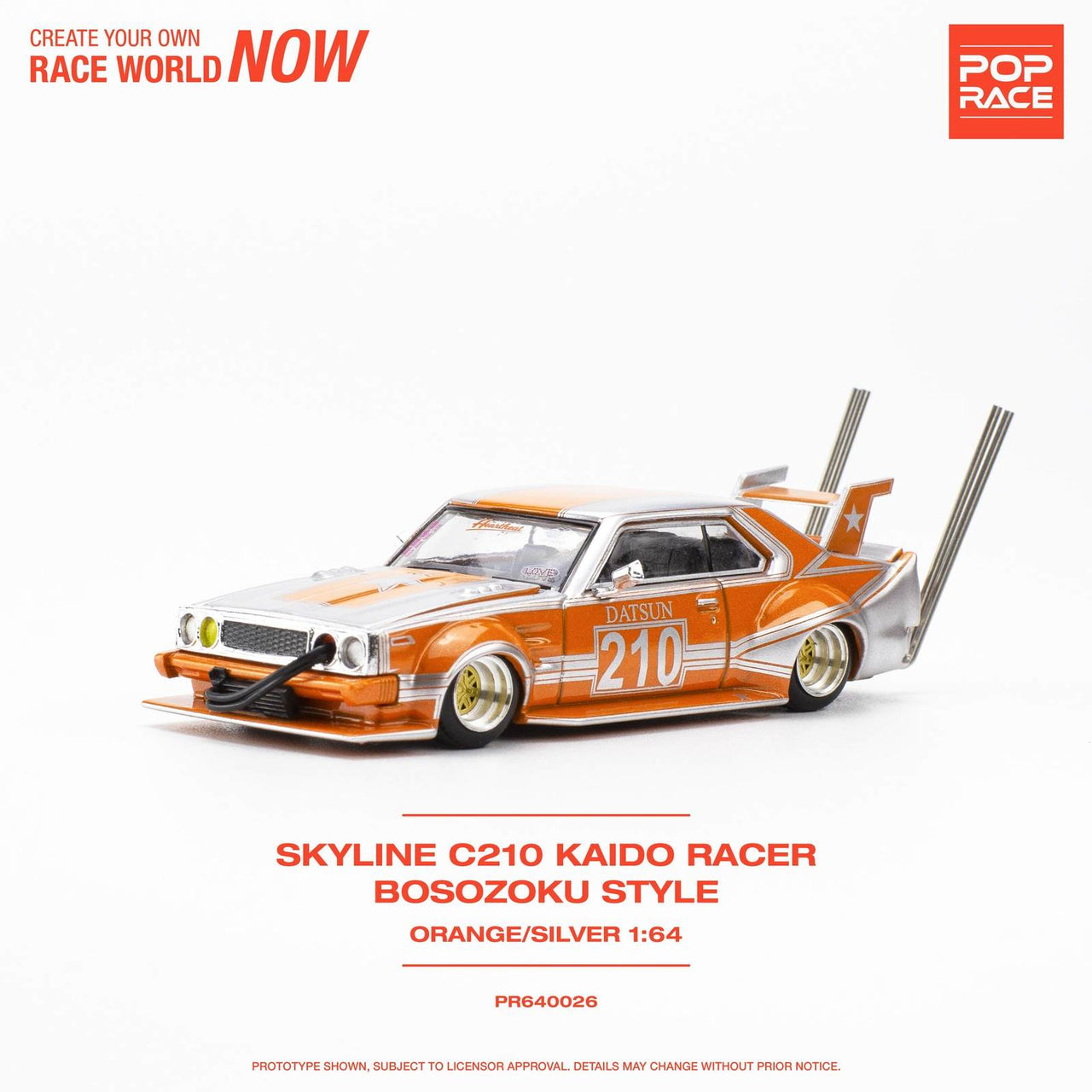预购）Pop Race 1:64 Skyline C210 Kaido Racer BOSOZOKU 风格橙银 