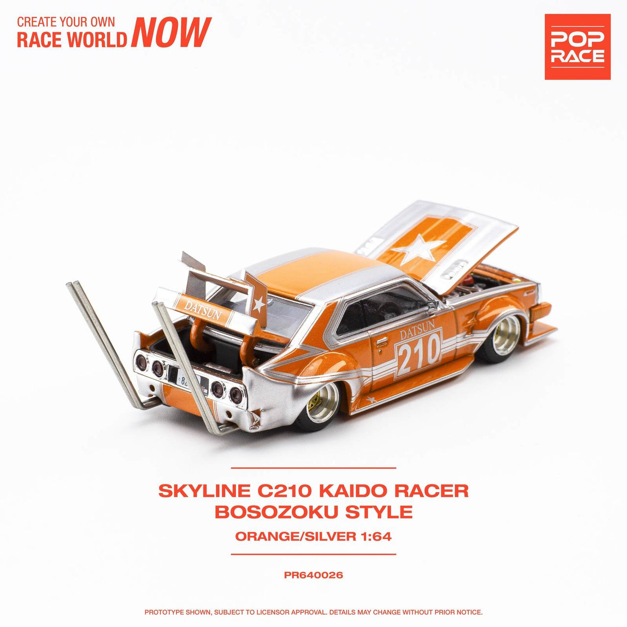 Pop Race 1:64 Skyline C210 Kaido Racer BOSOZOKU Style Orange SIlver