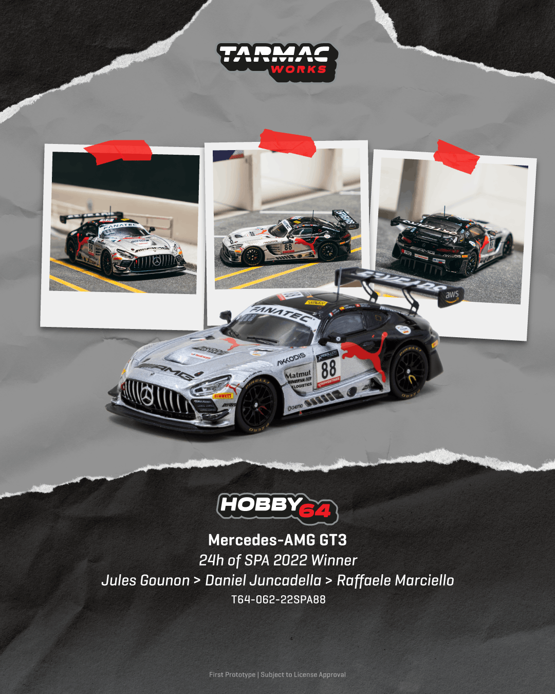 (PRE-ORDER)Tarmac Works 1:64 Mercedes-AMG GT3, 24h of SPA 2022 Winner