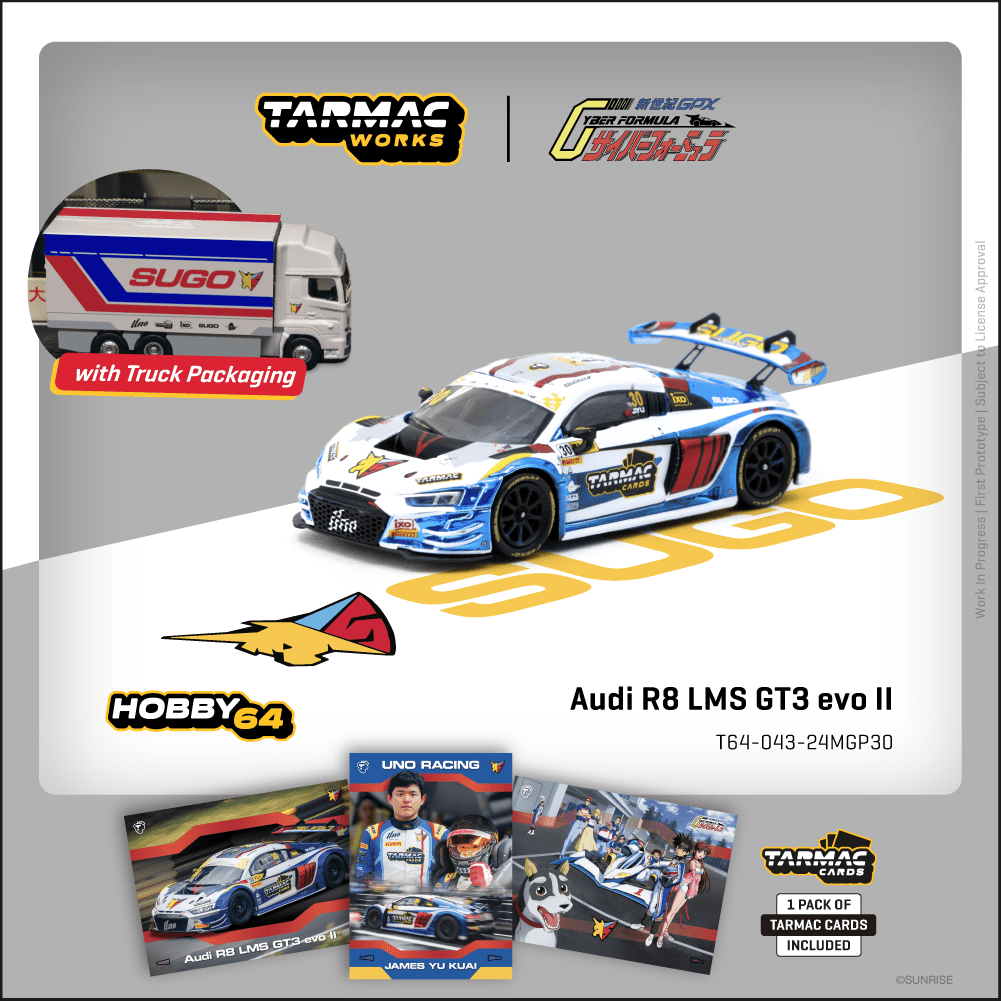 Tarmac Works 1:64 Audi R8 LMS GT3 evo II Macau GT Cup FIA GT World Cup 2024 Uno Racing w/ Trading Cards + Truck Packaging T64-043-24MGP30
