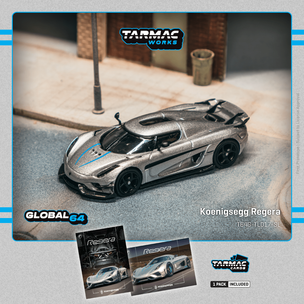 Tarmac Works 1:64 Koenigsegg Regera, Silver Metallic / Blue Accents w/ Trading Cards