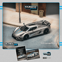 Thumbnail for Tarmac Works 1:64 Koenigsegg Regera, Silver Metallic / Blue Accents w/ Trading Cards