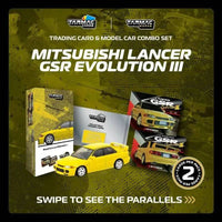 Thumbnail for Tarmac Works 1:64 Mitsubishi Lancer GSR Evolution III Yellow w/ Trading Card