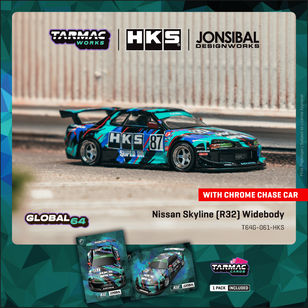 Tarmac Works 1:64 Nissan Skyline R32 Widebody, HKS w/ Trading Cards