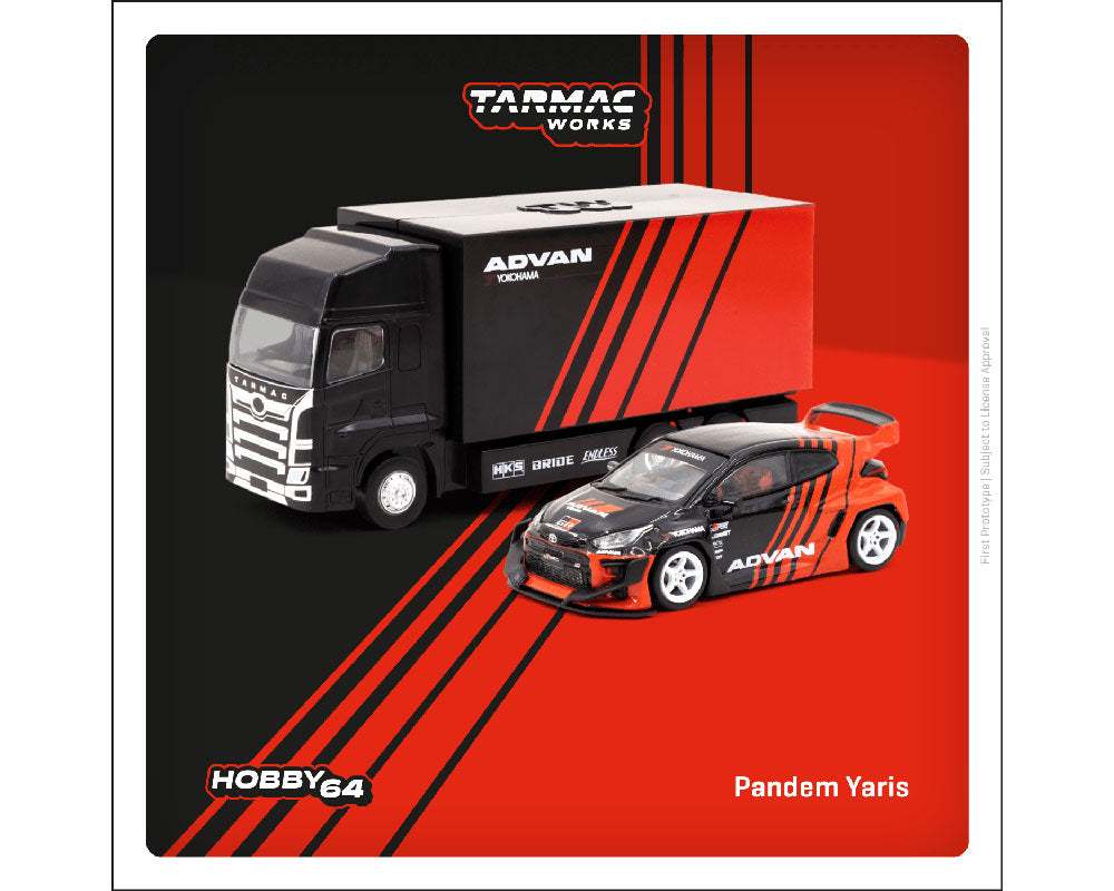 Tarmac Works 1:64 Toyota Yaris ADVAN With Truck – Black/Red