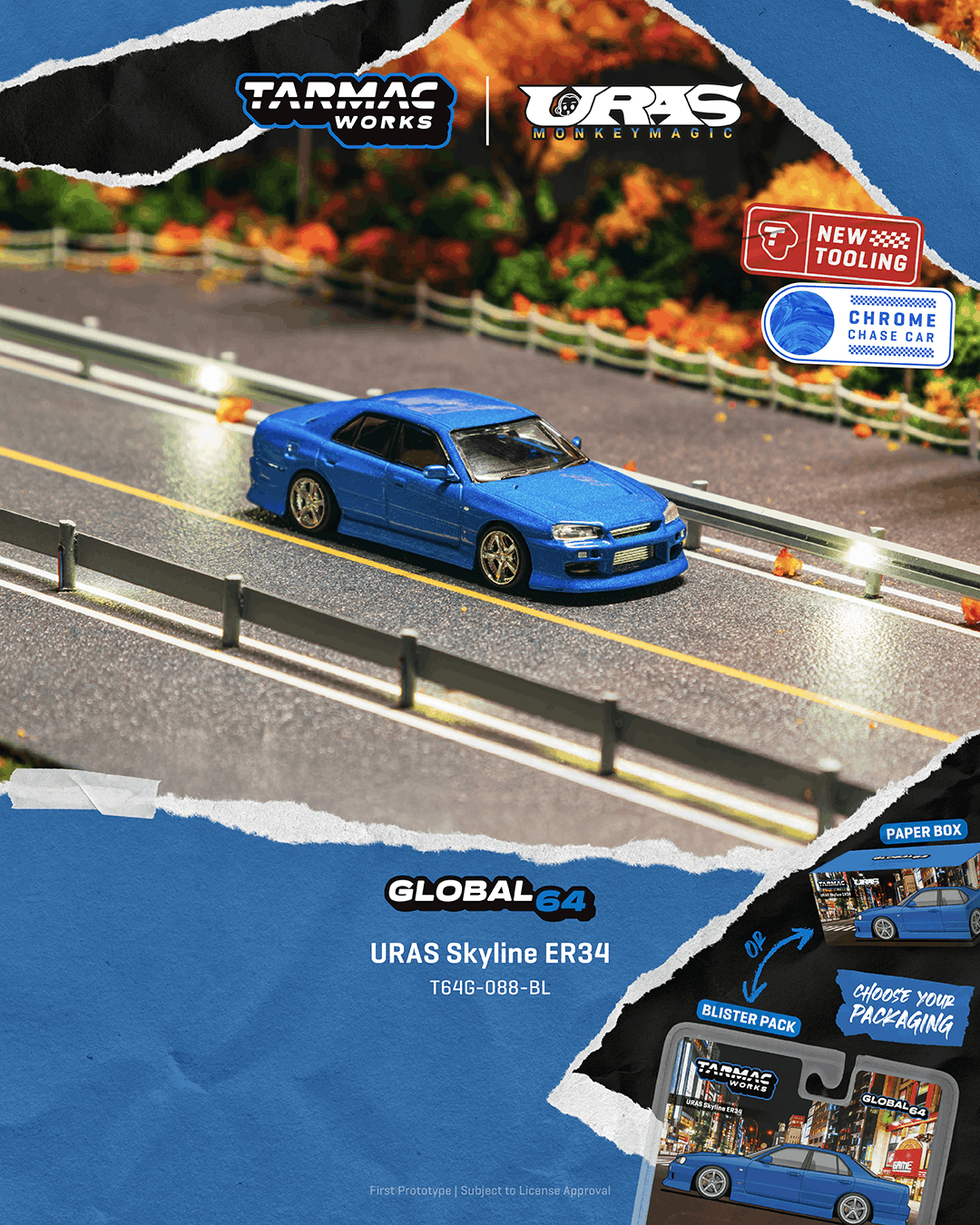 Tarmac Works 1:64 URAS Skyline ER34, Blue