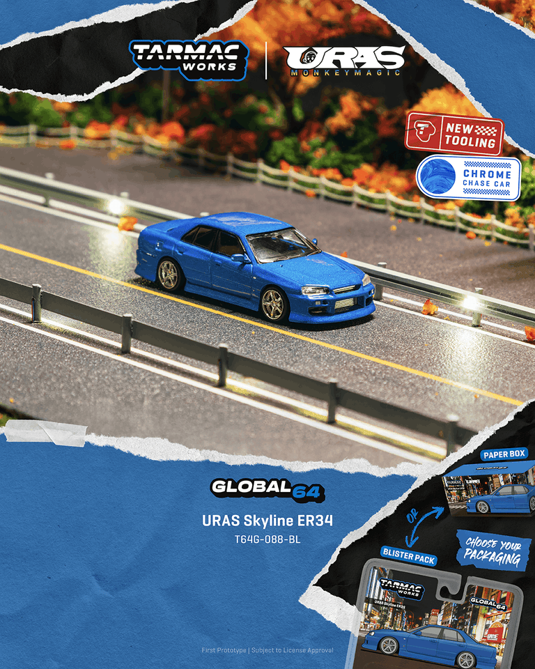 tarmac Works 1:64 URAS Skyline ER34, Blue – Little Luca's Toys