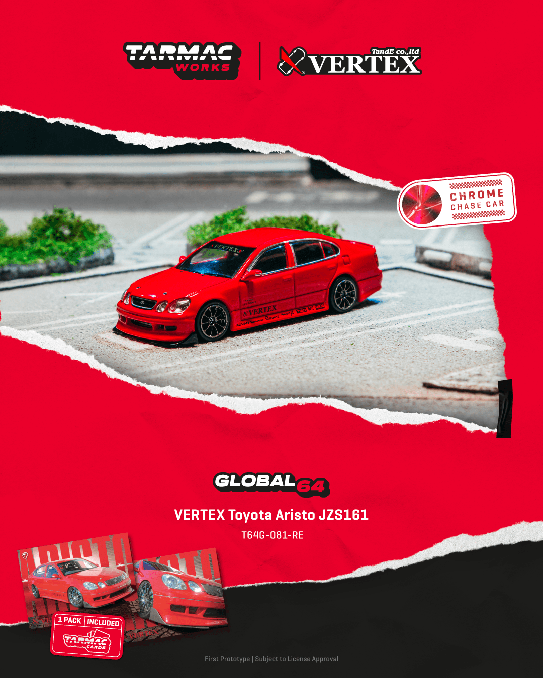 Tarmac Works 1:64 VERTEX Toyota Aristo JZS161, Red w Trading Cards