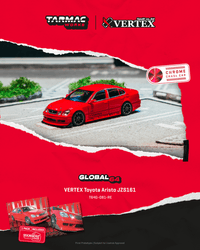 Thumbnail for Tarmac Works 1:64 VERTEX Toyota Aristo JZS161, Red w Trading Cards