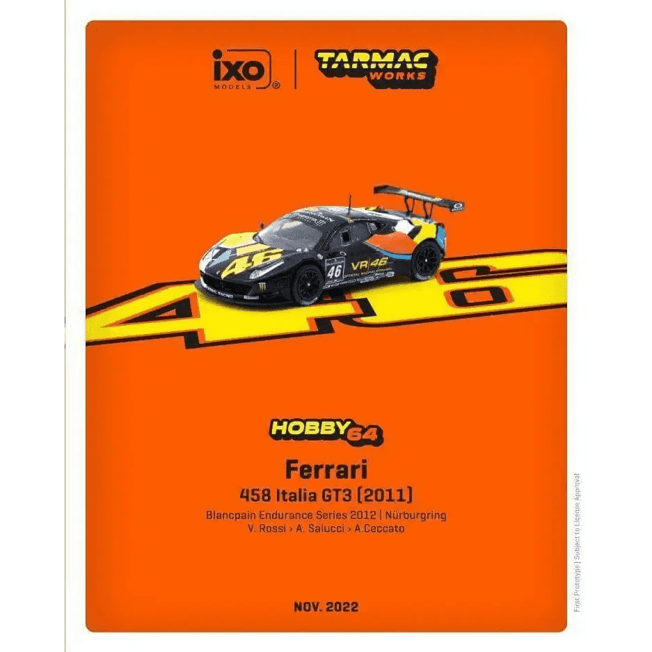 Tarmac Works IXO 1:64 Ferrari 458 Italia GT3 GT3 Blancpain Endurance Series 2012 Valentino Rossi