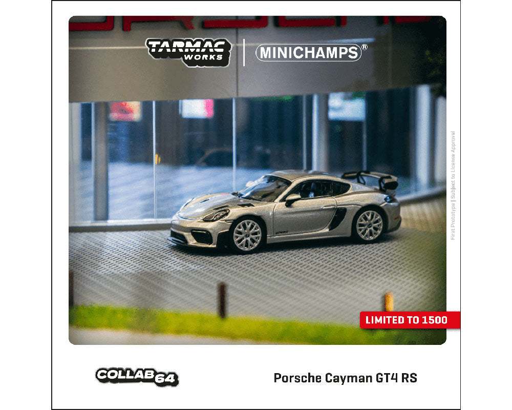 Tarmac Works x Minichamps 1:64 Porsche Cayman GT4 RS GT Silver Metallic – LTD 1,500 pcs