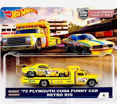 Hot Wheels Premium 1:64 Team Transport 72 Plymouth Cuda Funny Car Retro Rig