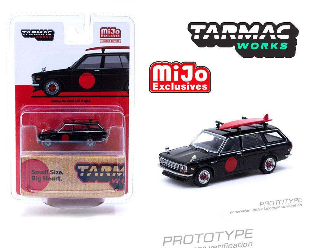 Tarmac Works 1:64 Mijo Exclusive Datsun Bluebird 510 Wagon Black With Surfboard