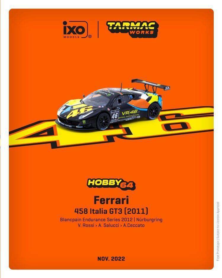 Tarmac Works IXO 1:64 Ferrari 458 Italia GT3 GT3 Blancpain Endurance Series 2012 Valentino Rossi